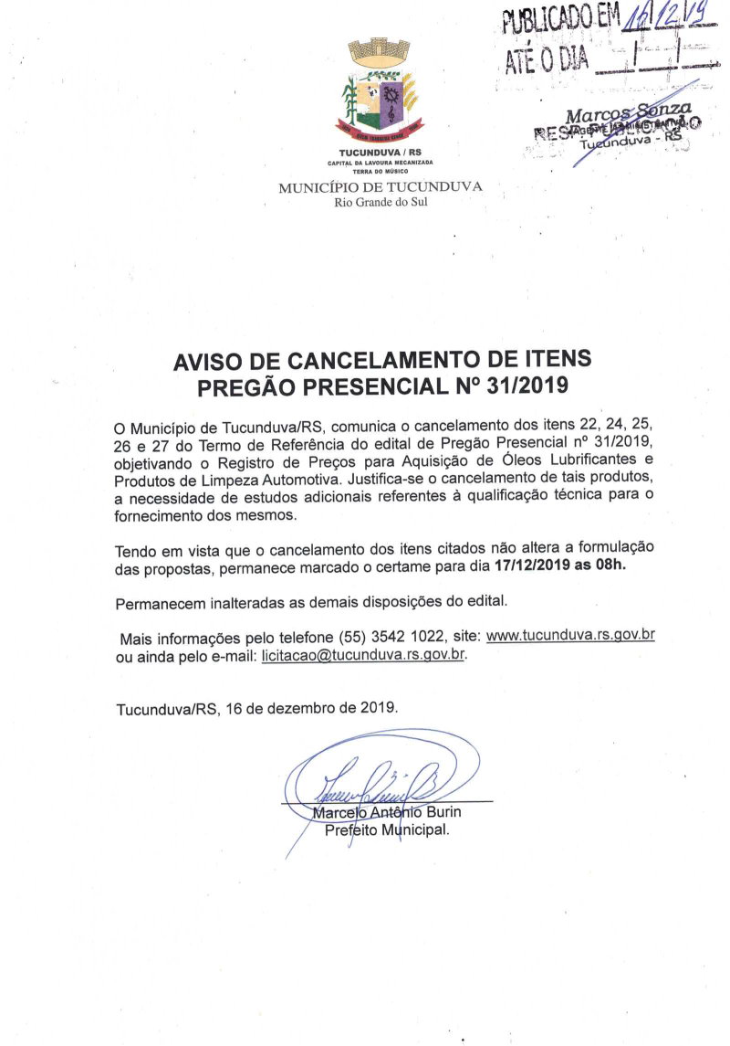 AVISO DE CANCELAMENTO DE ITENS PP 31_2019 SRP ÓLEOS LUB E PROD LIMP AUTO